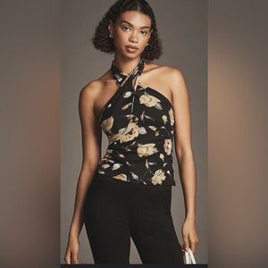 Anthropologie Tie Shirred Black Gold Cream Floral Halter Top open back L nwt